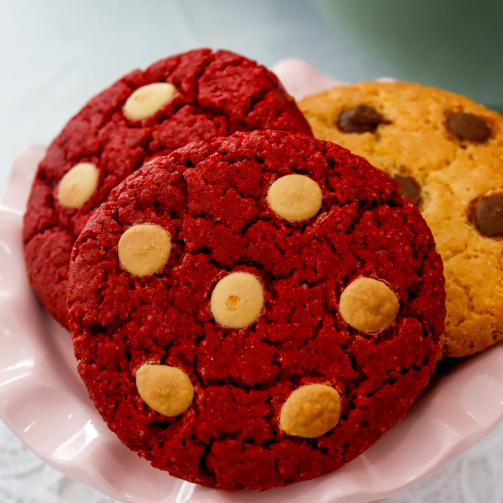 Cookies vermelhos com gotas brancas e cookies com gotas de chocolate num prato rosa.